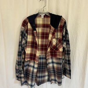 Rue21 Burgundy and Cream Plaid Hooded Shirt